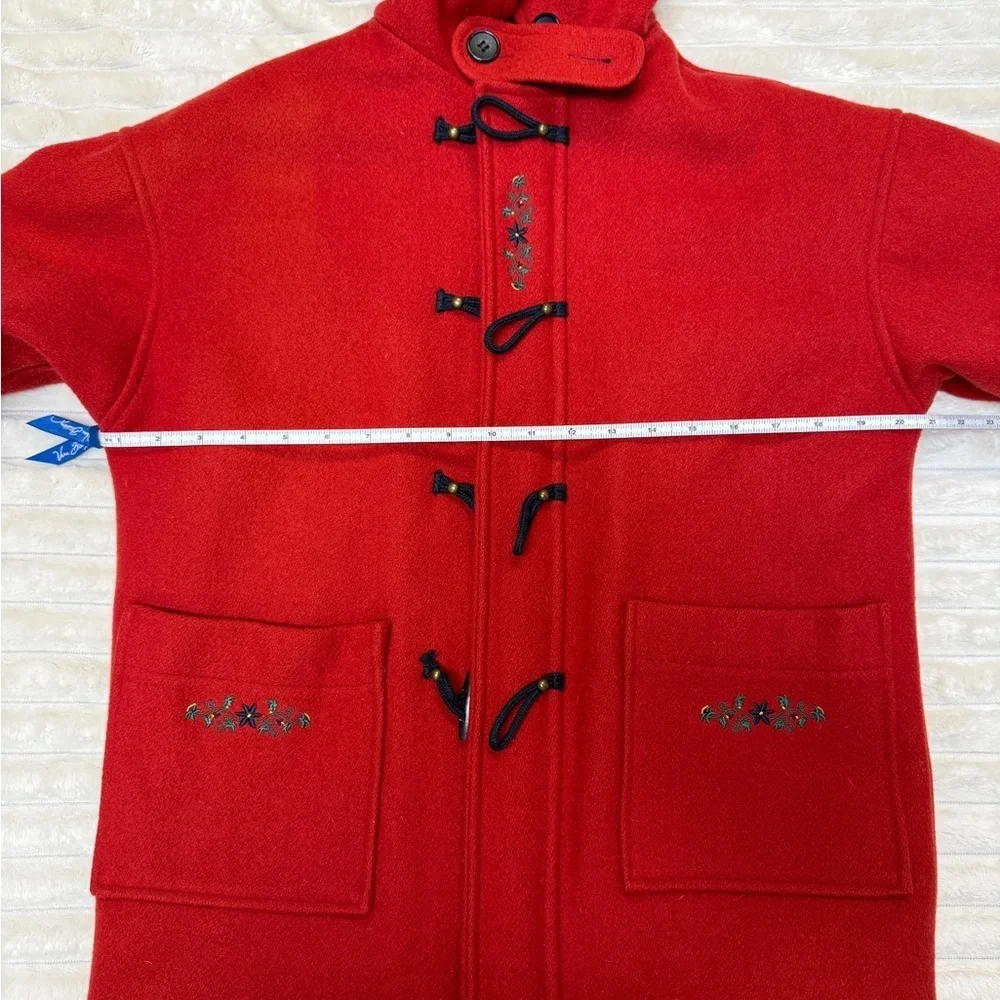 Petit Poids: Girls Red Wool Pea Coat with Floral Embroidery, Size 12